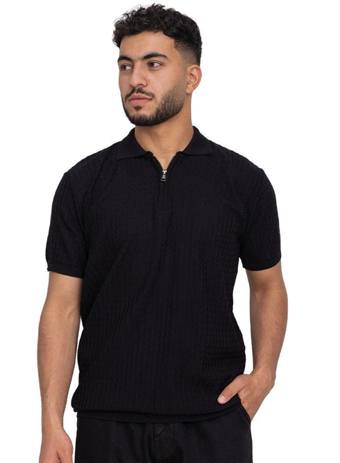 Black Design 01011Knit Polo Neck Zipper - T-Shirt - Khotwh